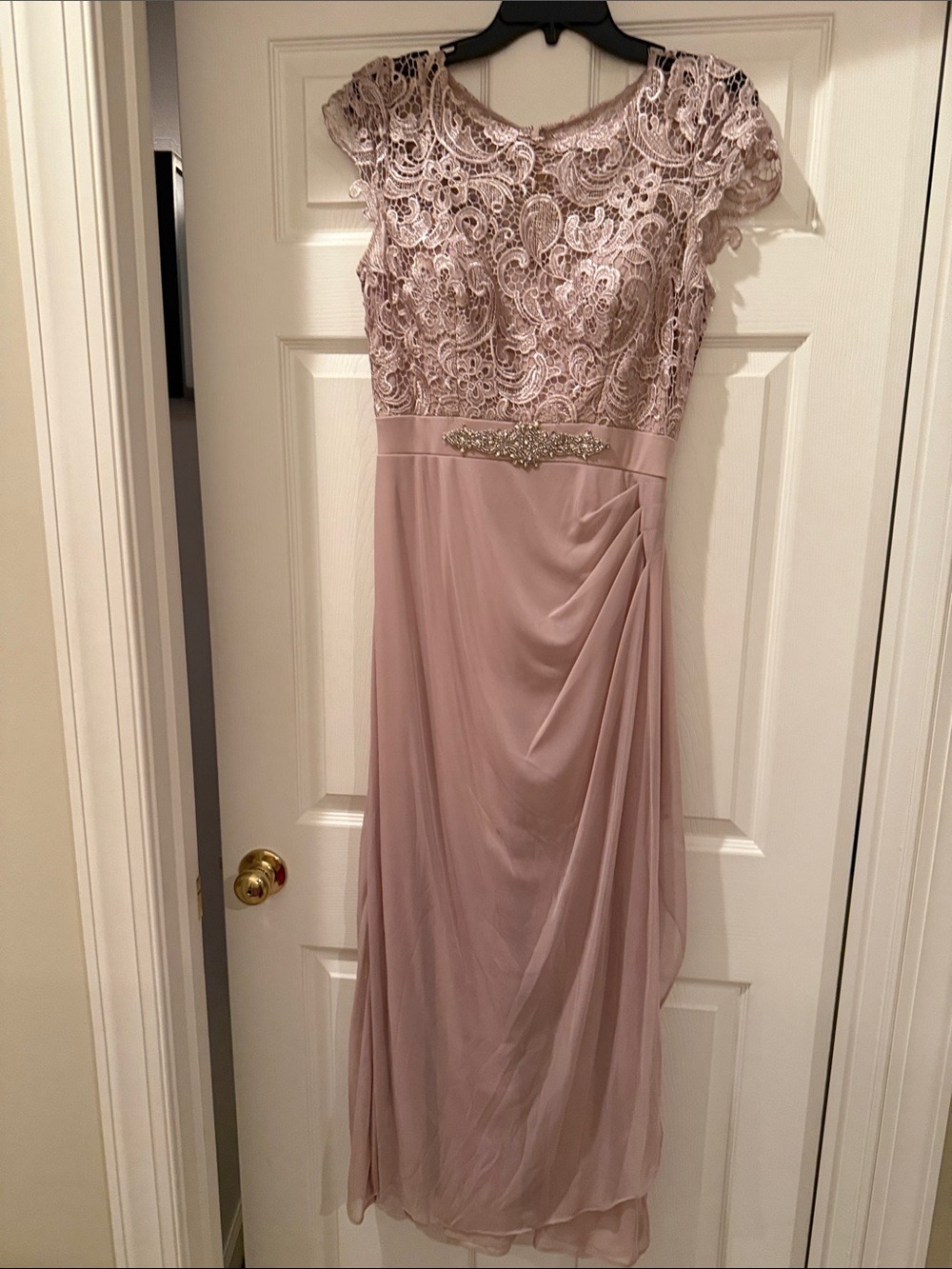 Xscape Beige/oatmeal Lace Bodice Chiffon Evening Gown